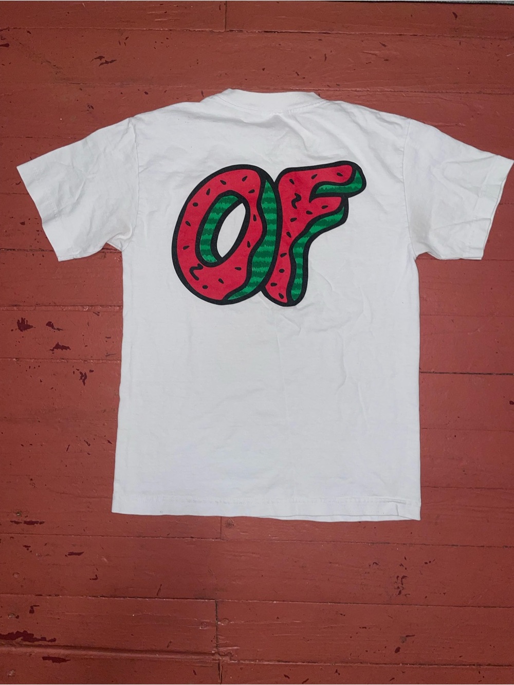 White Graphic Tee with Red & Green 'OF' Watermelon Design
